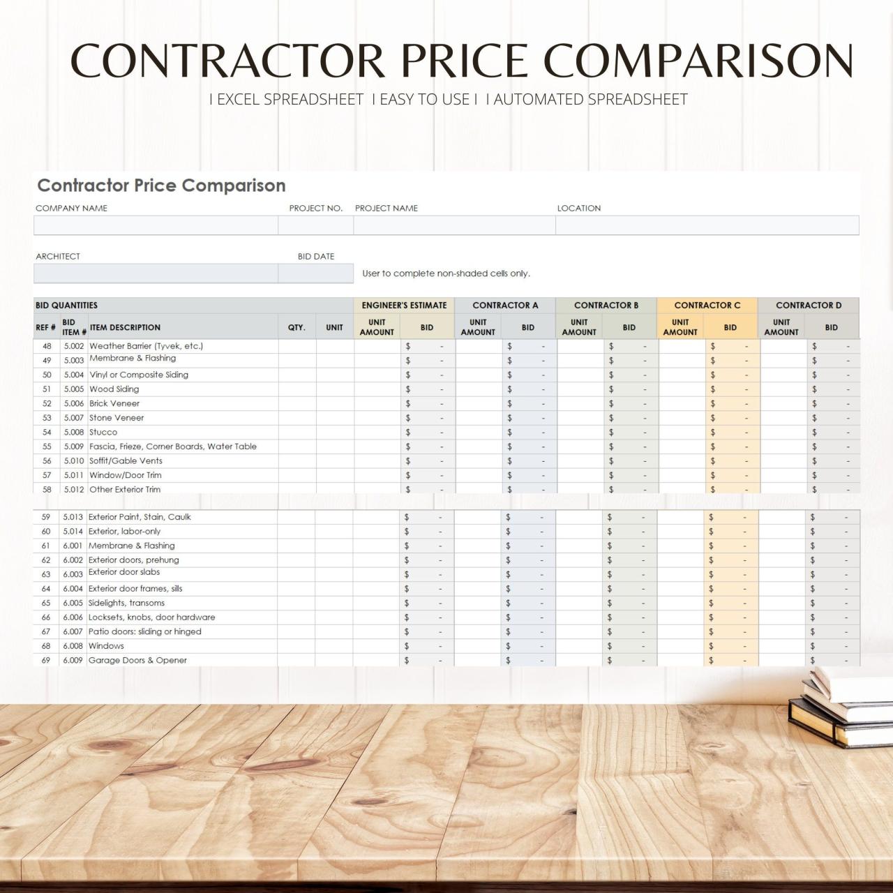Detailed contractor price comparison excel template construction vendor ...